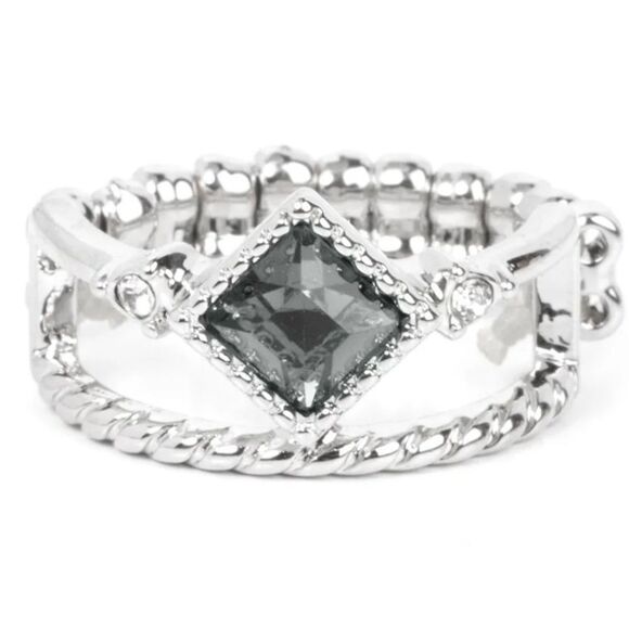 NWT Paparazzi Silver and Black Double-Band Ring with Smoky Stone - Picture 1 of 14